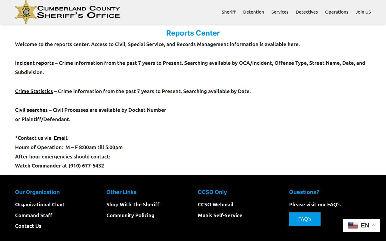 Cumberland County Sheriff Reports Center incident search interface
