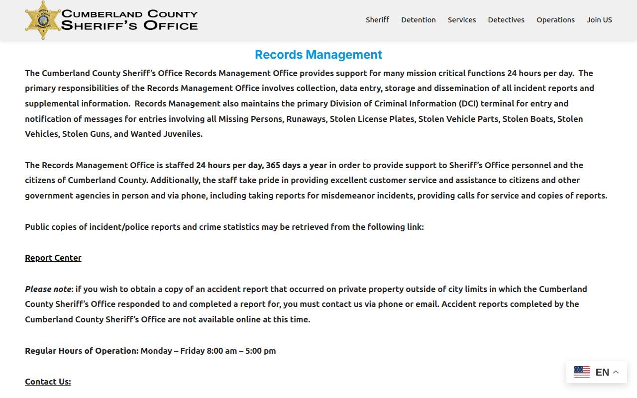 Cumberland Sheriff Records Management page