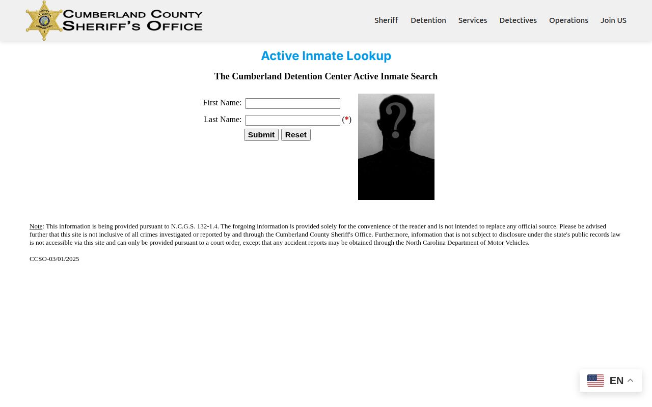 Cumberland County Sheriff Active Inmate Lookup landing page