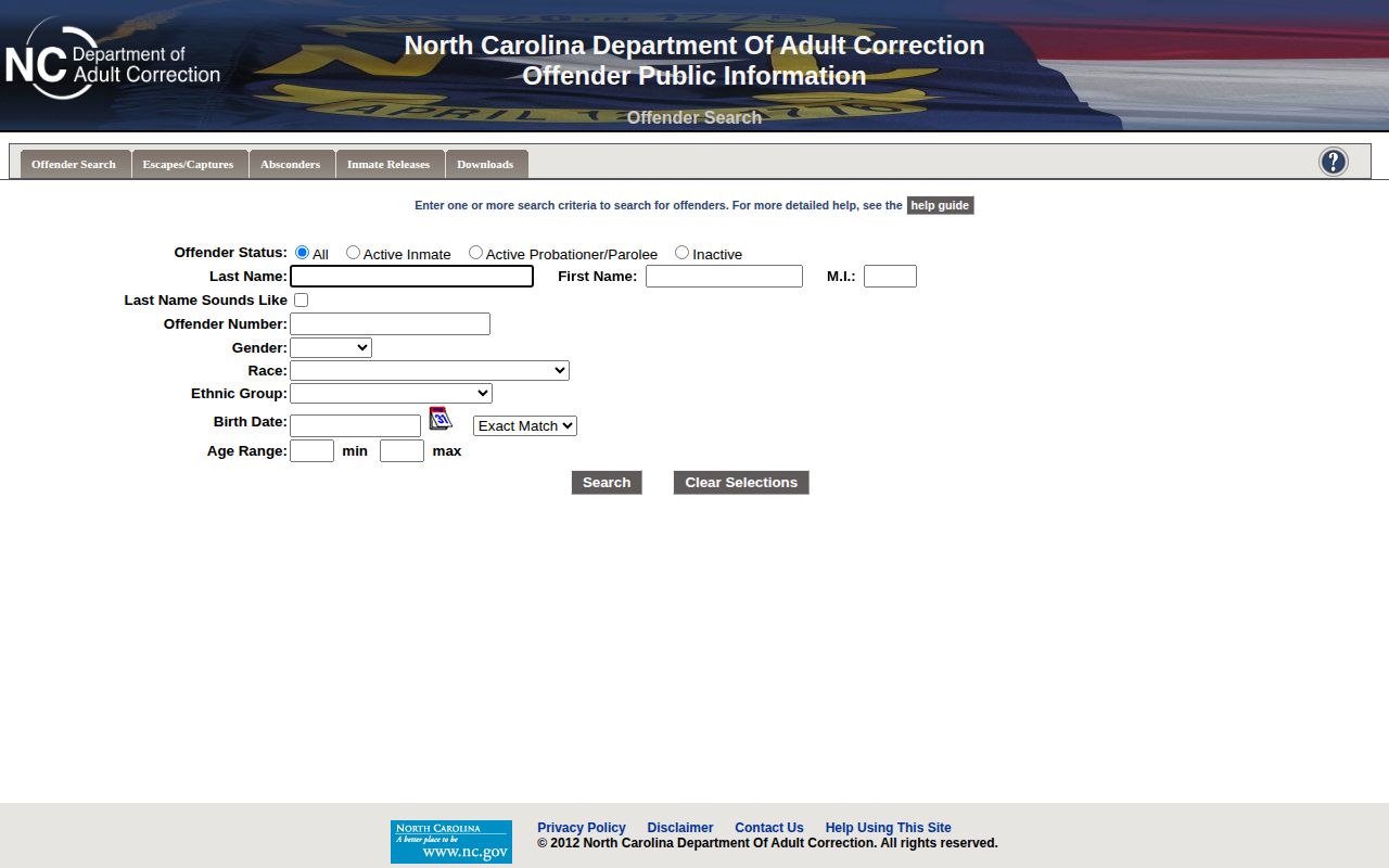 North Carolina offender search form