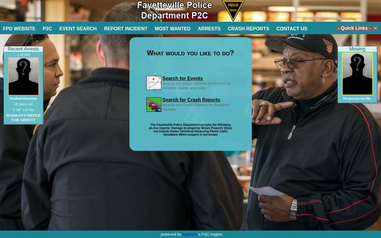 Fayetteville Police P2C event and police report search interface