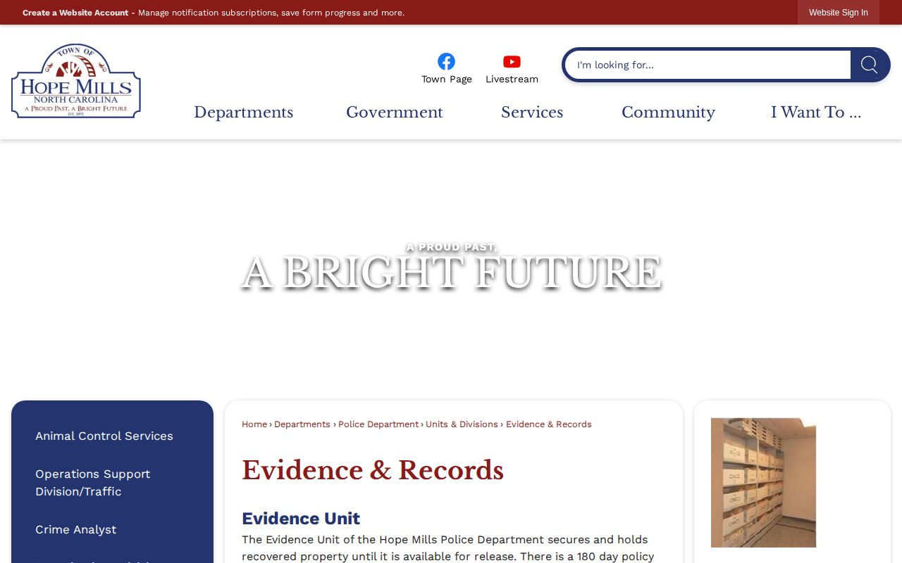 Hope Mills Police Evidence and Records webpage with report request information