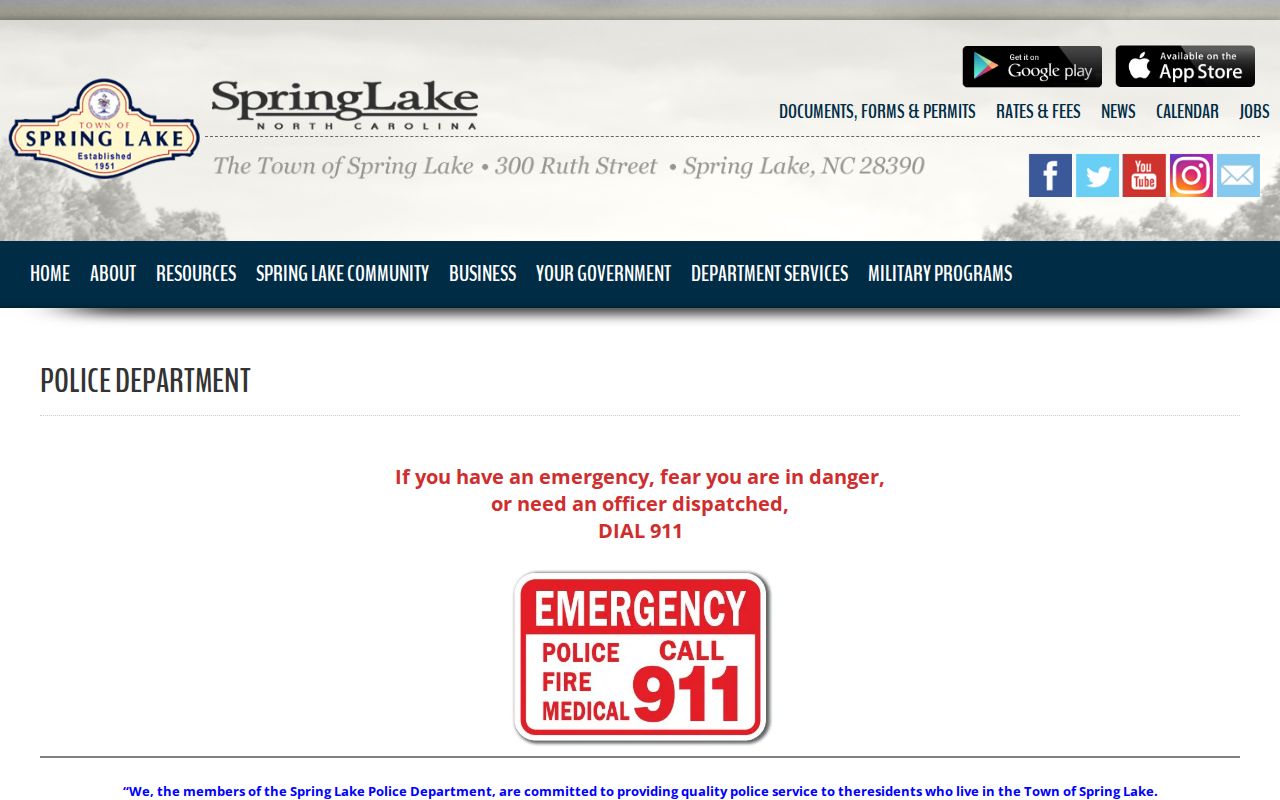 Spring Lake Police Department official webpage with police contact information